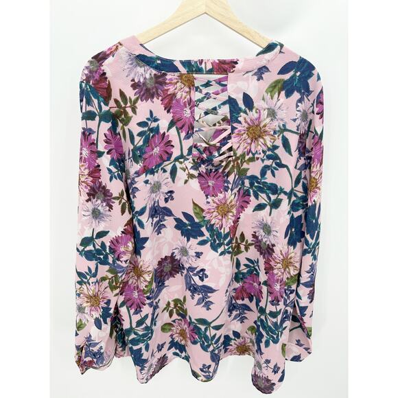 Cupio Purple Floral Long Sleeve V-Neck Caged Back Top Women's Size X-Large XL - Picture 2 of 8